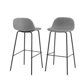 Set of 2 - Modern Low Back Barstool with Black Metal Frame and Grey Linen Seat