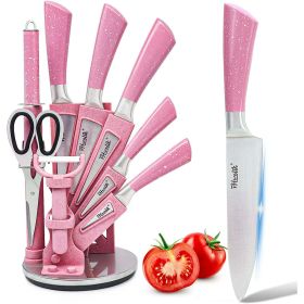 Kitchen Knife Set, 9PC Pink Wheat Straw Sharp Cooking Knife Set with Acrylic Stand, Stainless Steel Non-stick Chef with Comfortable Handle for Slicing