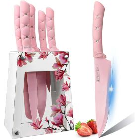 Kitchen Knife Set,Pink Flower 6PC Stainless Steel Sharp Chef Knife Set with Acrylic Stand, Cooking Non-slip Knife Set with Block, Non-stick Colorful C