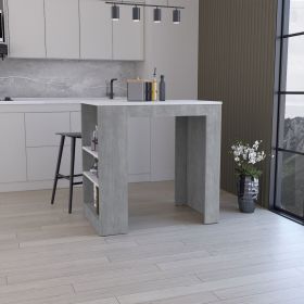 Kitchen Island, Kitchen Bar Table 36" H, 3-Side Shelves, Concrete Gray / Ibiza Marble Color Finish