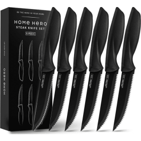 Home Hero - Steak Knives - Serrated Kitchen Steak Knives Set - Dishwasher Safe - 6 Pcs, Black