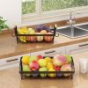 2 Tier Fruit Basket Bowl Farmhouse with Side Hooks for Kitchen Countertop, Detachable Metal Bread Fruit Vegetable Storage Basket Stand Holder with Woo