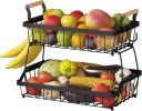 2 Tier Fruit Basket Bowl Farmhouse with Side Hooks for Kitchen Countertop, Detachable Metal Bread Fruit Vegetable Storage Basket Stand Holder with Woo