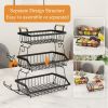 3 Tier Fruit Basket Bowl Farmhouse with Side hooks for Kitchen Countertop, Detachable Metal Bread Fruit Vegetable Storage Basket Stand Holder with Woo