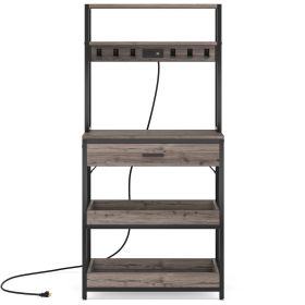 5-Tier Kitchen Baker's Rack with Power Outlets, Drawer & Sliding Shelves (Color: dark gray)